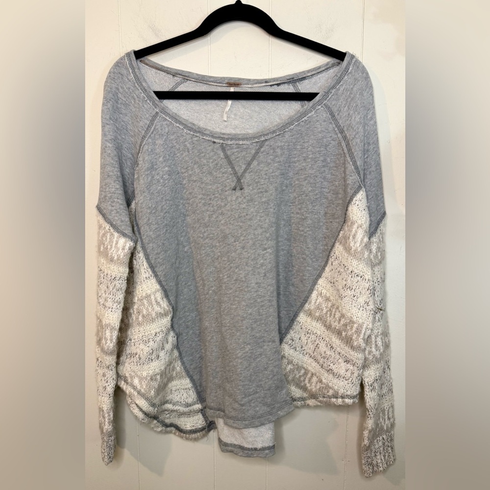 Free People Scoop Neck Sweater Grey White Knit Accents, Size S
